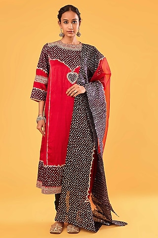 Black & Red Mashru Silk Mirror Embroidered Kurta Set by Sihali Jageer