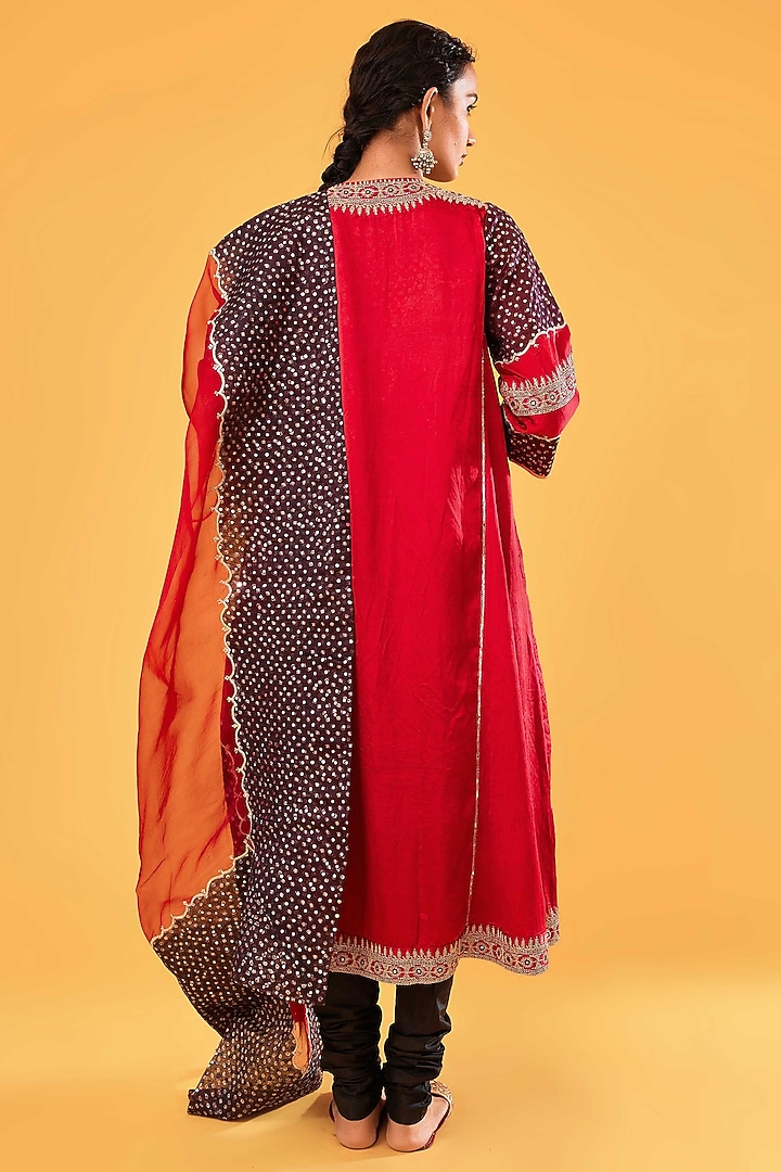 Black & Red Mashru Silk Mirror Embroidered Kurta Set by Sihali Jageer at Pernia's Pop Up Shop