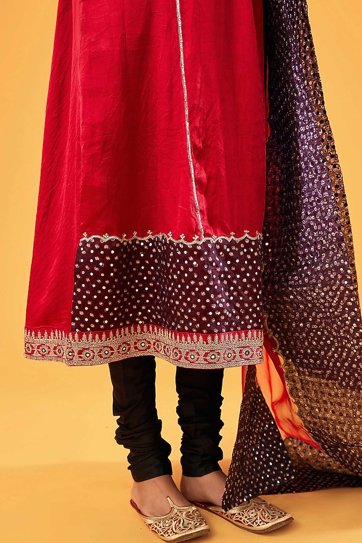 Black & Red Mashru Silk Mirror Embroidered Kurta Set by Sihali Jageer at Pernia's Pop Up Shop