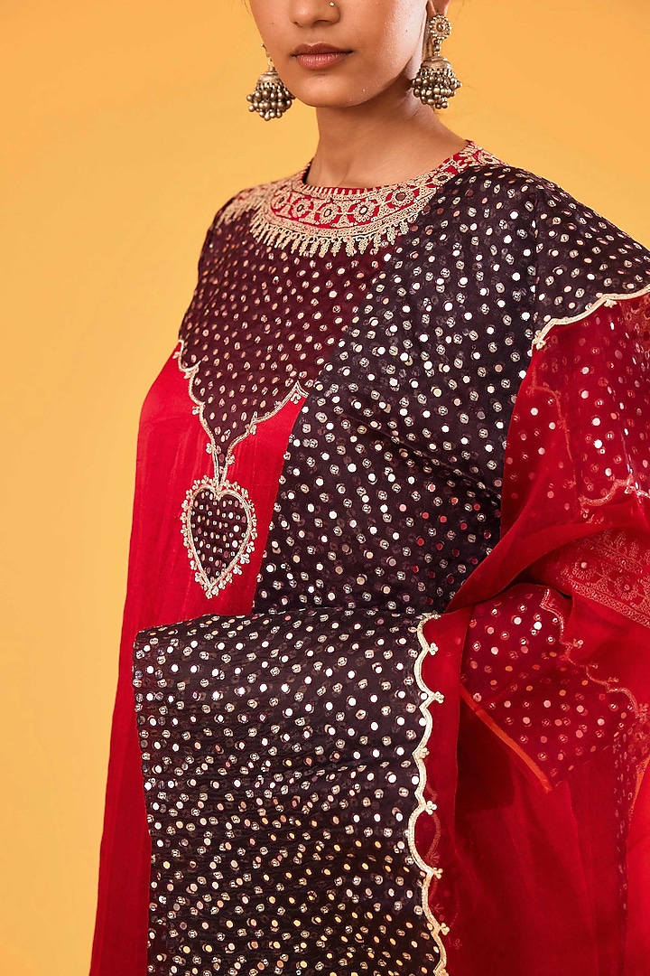 Black & Red Mashru Silk Mirror Embroidered Kurta Set by Sihali Jageer at Pernia's Pop Up Shop