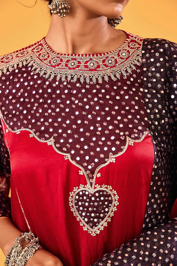 Black & Red Mashru Silk Mirror Embroidered Kurta Set by Sihali Jageer at Pernia's Pop Up Shop