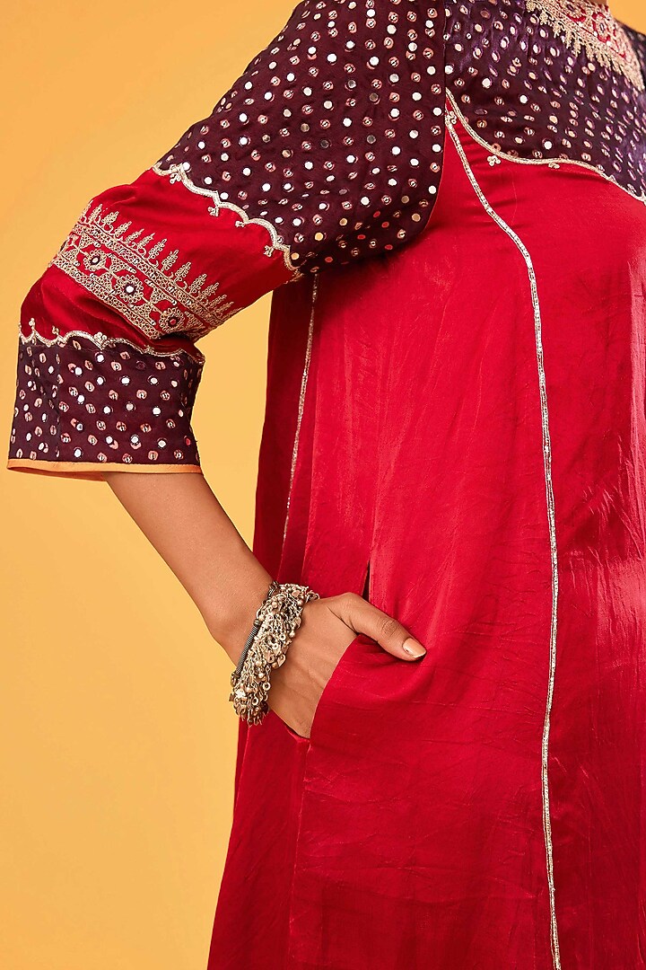 Black & Red Mashru Silk Mirror Embroidered Kurta Set by Sihali Jageer at Pernia's Pop Up Shop