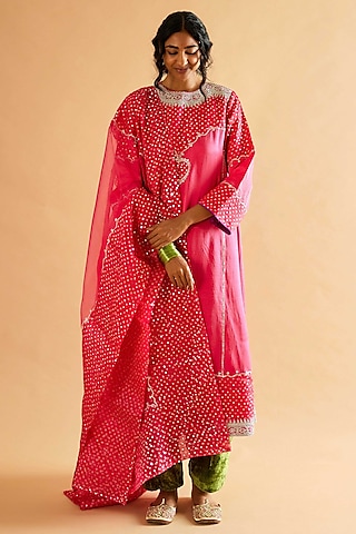 Rose Pink Mashru Silk Mirror Embroidered Kurta Set by Sihali Jageer