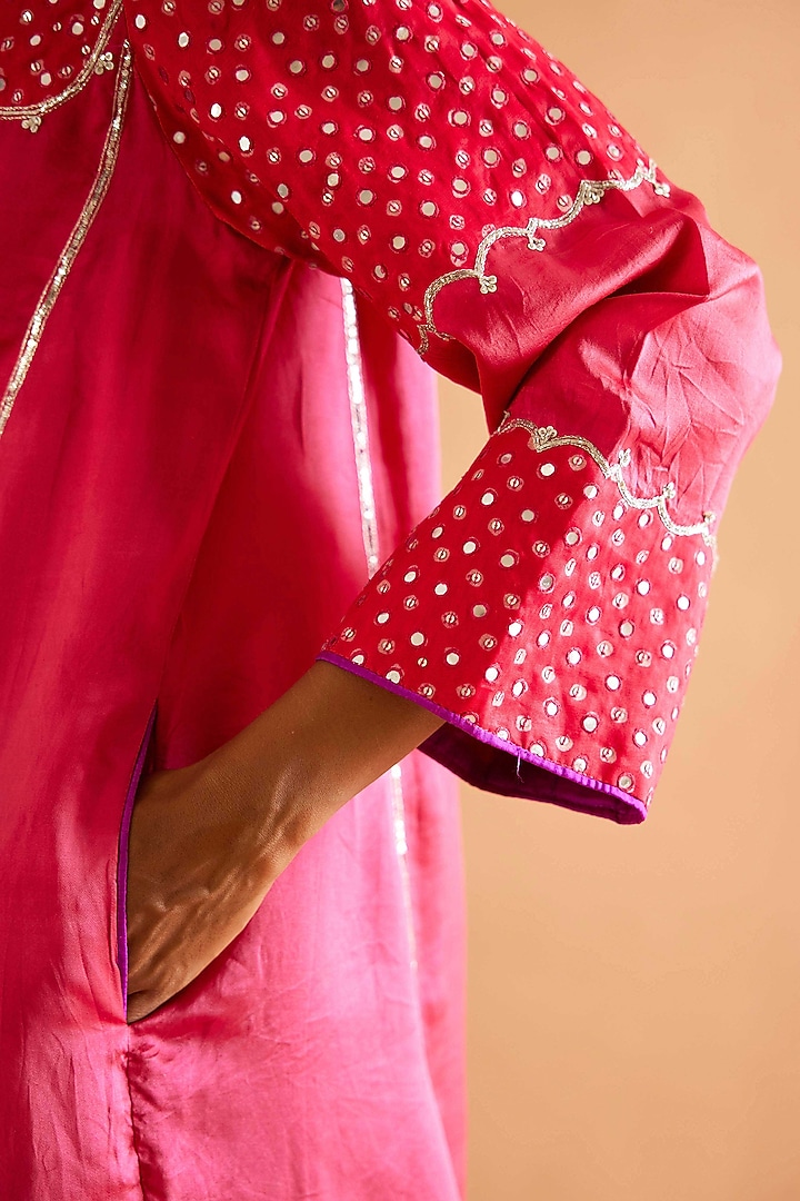 Rose Pink Mashru Silk Mirror Embroidered Kurta Set by Sihali Jageer at Pernia's Pop Up Shop