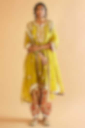 Lemon Green Pure Silk Gota Embroidered Kalidar Kurta Set by Sihali Jageer at Pernia's Pop Up Shop