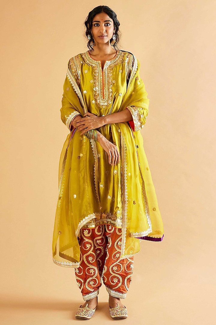 Lemon Green Pure Silk Gota Embroidered Kalidar Kurta Set by Sihali Jageer at Pernia's Pop Up Shop