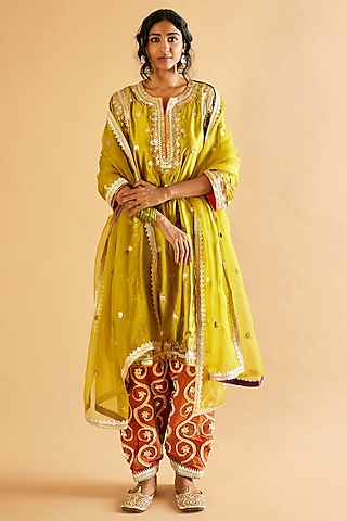 Lemon Green Pure Silk Gota Embroidered Kalidar Kurta Set by Sihali Jageer