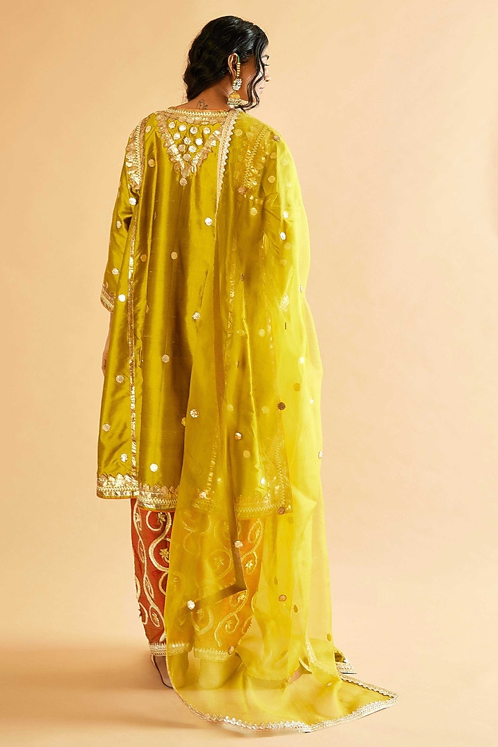 Lemon Green Pure Silk Gota Embroidered Kalidar Kurta Set by Sihali Jageer at Pernia's Pop Up Shop