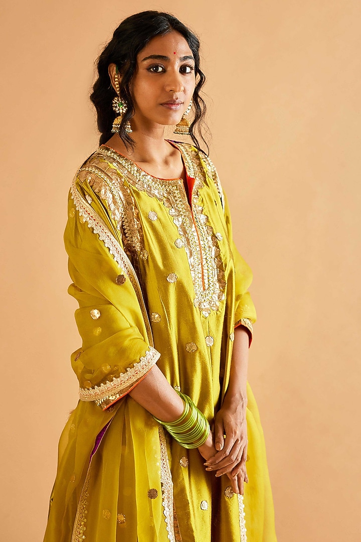 Lemon Green Pure Silk Gota Embroidered Kalidar Kurta Set by Sihali Jageer at Pernia's Pop Up Shop
