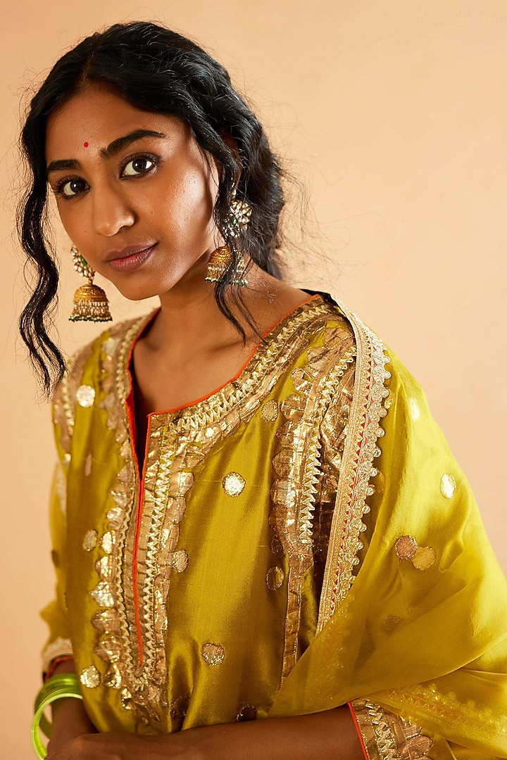 Lemon Green Pure Silk Gota Embroidered Kalidar Kurta Set by Sihali Jageer at Pernia's Pop Up Shop