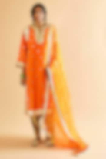 Orange Pure Silk Gota Embroidered Kalidar Kurta Set by Sihali Jageer at Pernia's Pop Up Shop