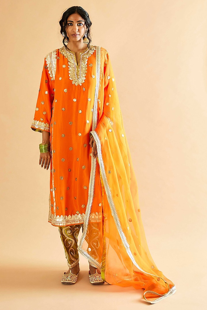 Orange Pure Silk Gota Embroidered Kalidar Kurta Set by Sihali Jageer at Pernia's Pop Up Shop