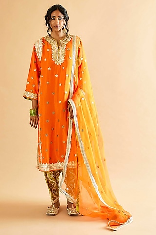 Orange Pure Silk Gota Embroidered Kalidar Kurta Set by Sihali Jageer
