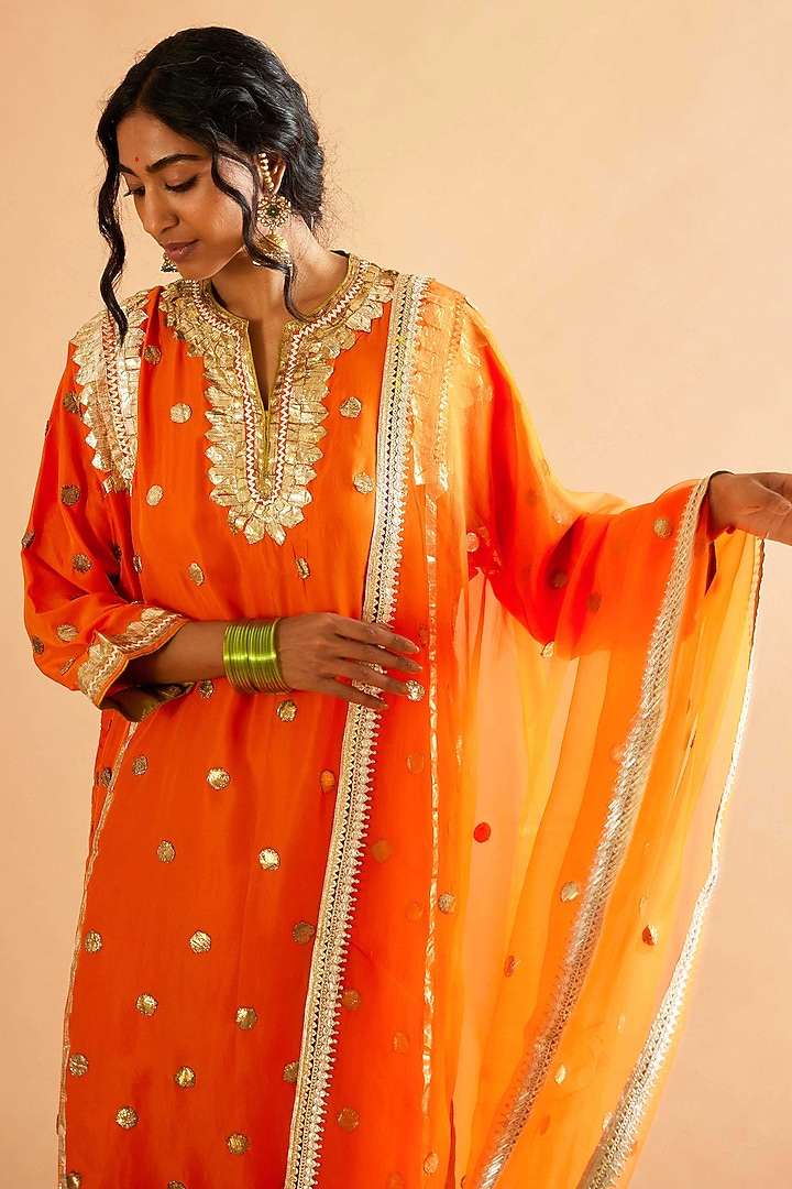 Orange Pure Silk Gota Embroidered Kalidar Kurta Set by Sihali Jageer at Pernia's Pop Up Shop