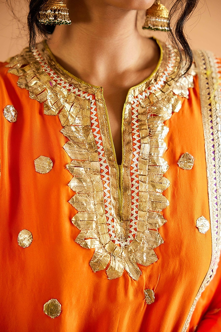 Orange Pure Silk Gota Embroidered Kalidar Kurta Set by Sihali Jageer at Pernia's Pop Up Shop