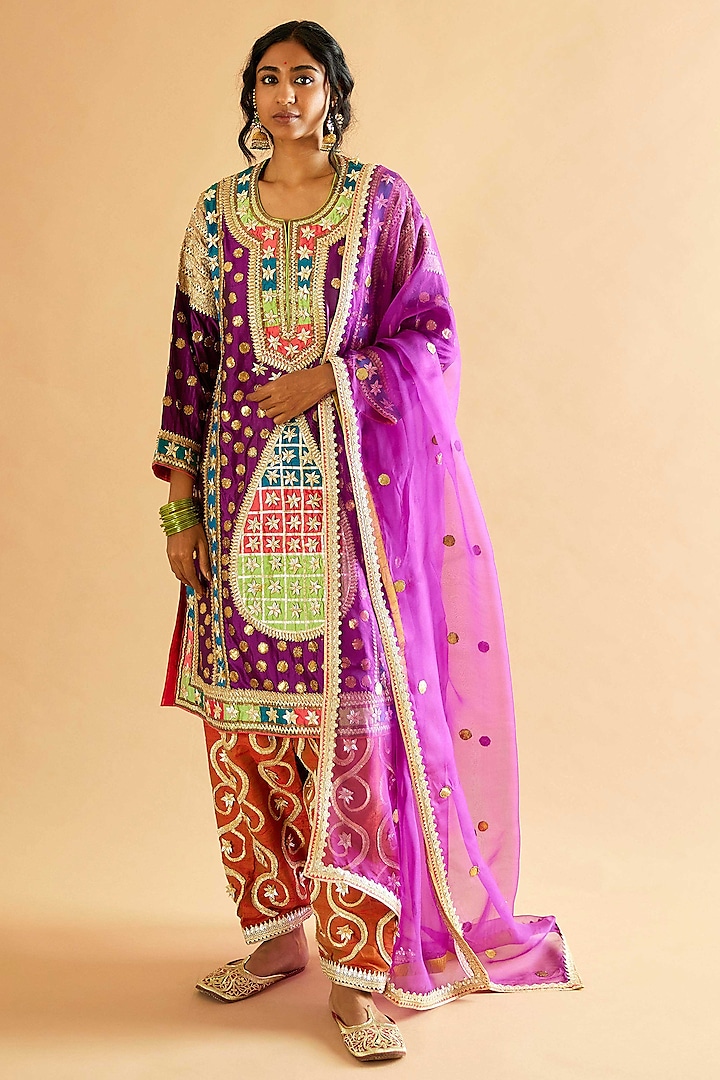 Purple Pure Silk Gota Embroidered Kalidar Kurta Set by Sihali Jageer at Pernia's Pop Up Shop