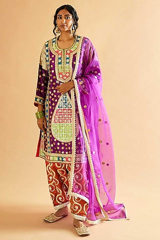 Purple Pure Silk Gota Embroidered Kalidar Kurta Set by Sihali Jageer
