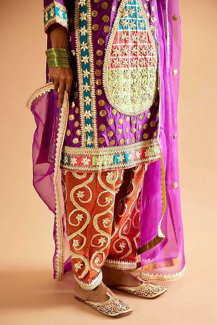 Purple Pure Silk Gota Embroidered Kalidar Kurta Set by Sihali Jageer at Pernia's Pop Up Shop