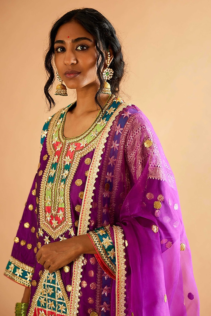 Purple Pure Silk Gota Embroidered Kalidar Kurta Set by Sihali Jageer at Pernia's Pop Up Shop