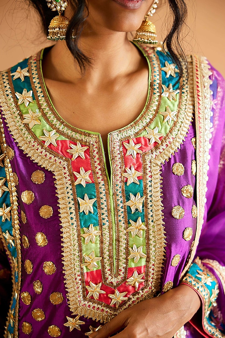 Purple Pure Silk Gota Embroidered Kalidar Kurta Set by Sihali Jageer at Pernia's Pop Up Shop