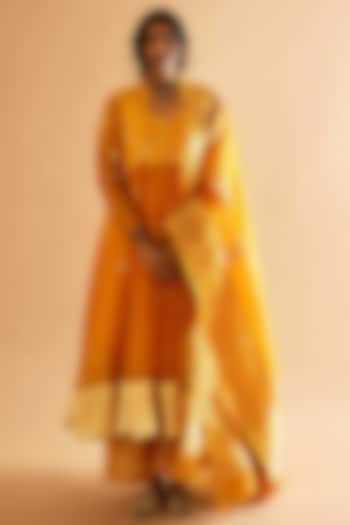 Haldi Yellow Cotton Silk & Pure Banarasi Organza Wedding Anarkali Set by Sihali Jageer at Pernia's Pop Up Shop