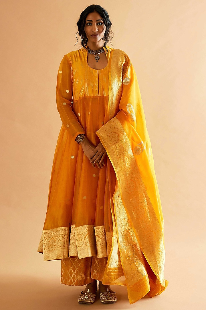 Haldi Yellow Cotton Silk & Pure Banarasi Organza Wedding Anarkali Set by Sihali Jageer at Pernia's Pop Up Shop
