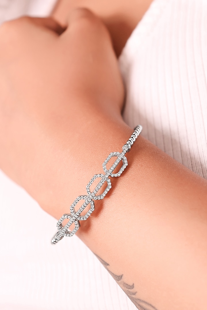 White Finish Crystal Kada In Sterling Silver by Silberry