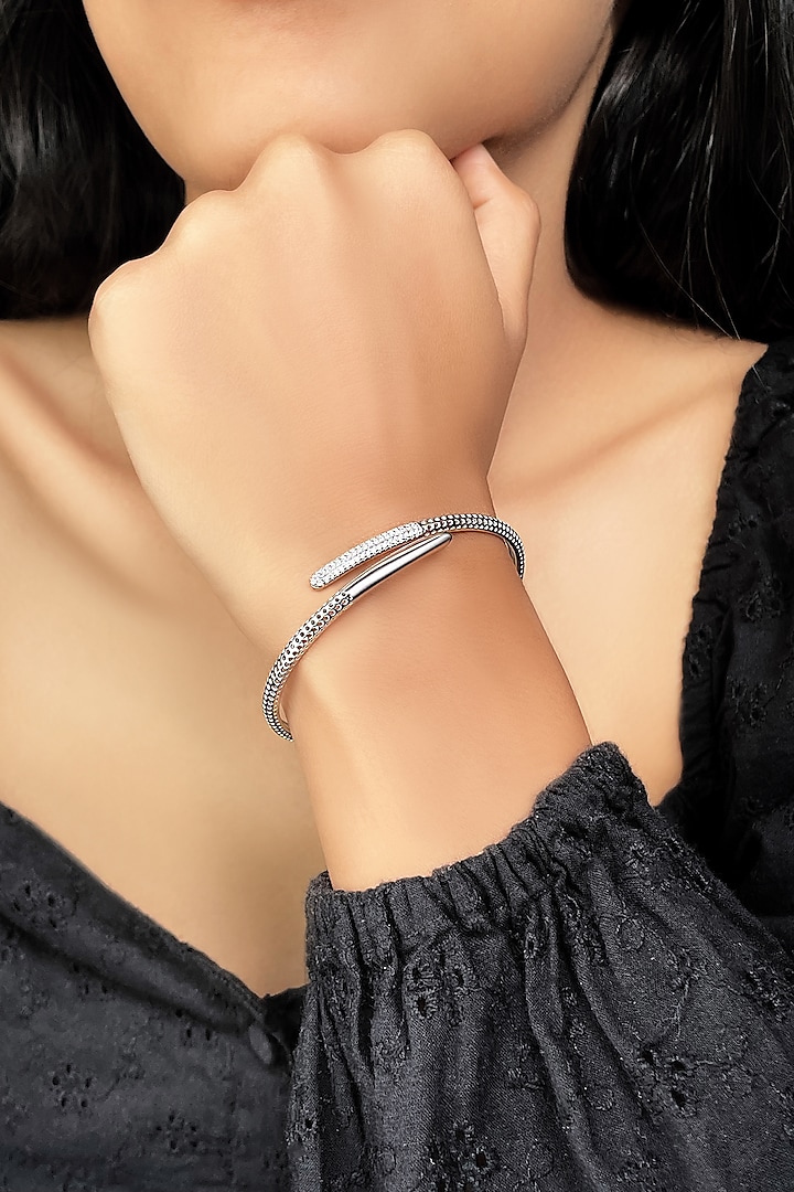 White Finish Crystal Kada In Sterling Silver by Silberry