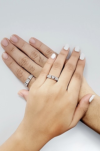 White Rhodium Finish Cubic Zirconia Adjustable Couple Rings (Set of 2) In Sterling Silver by Silberry