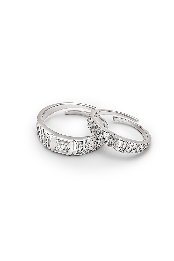 White Rhodium Finish Cubic Zirconia Adjustable Couple Rings (Set of 2) In Sterling Silver by Silberry at Pernia's Pop Up Shop