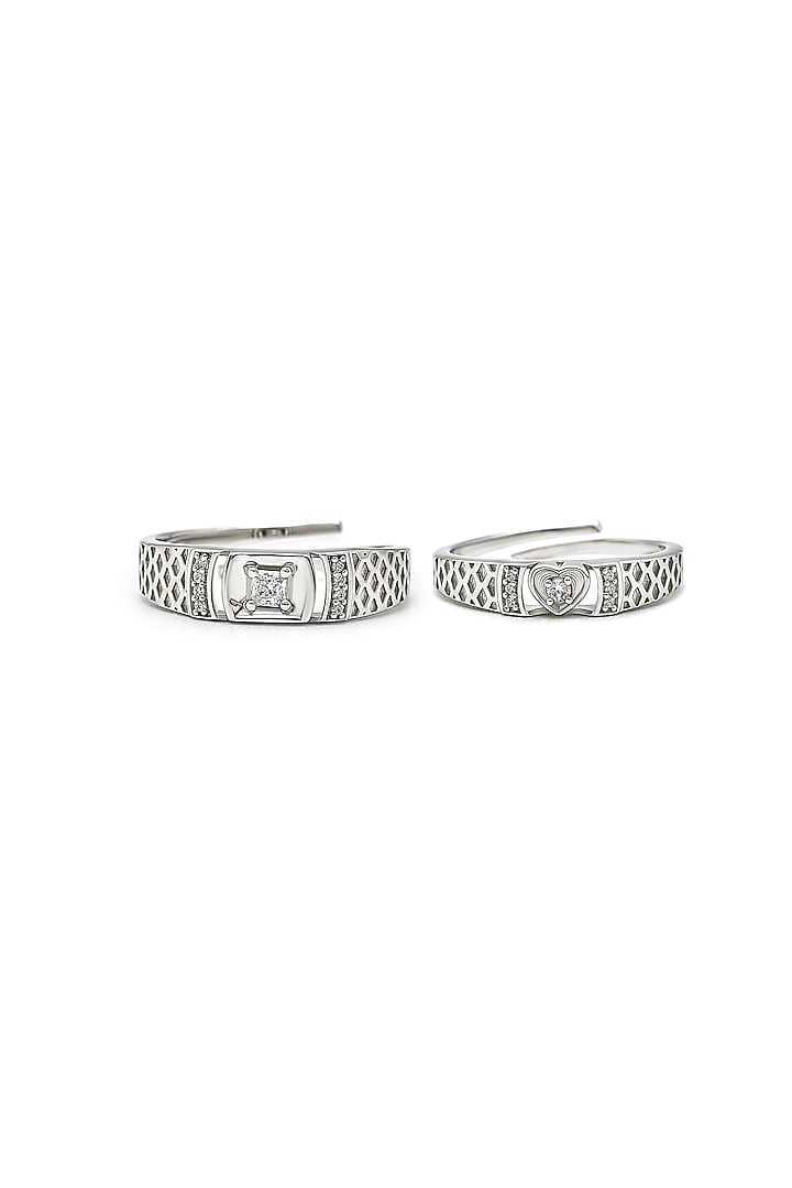 White Rhodium Finish Cubic Zirconia Adjustable Couple Rings (Set of 2) In Sterling Silver by Silberry at Pernia's Pop Up Shop