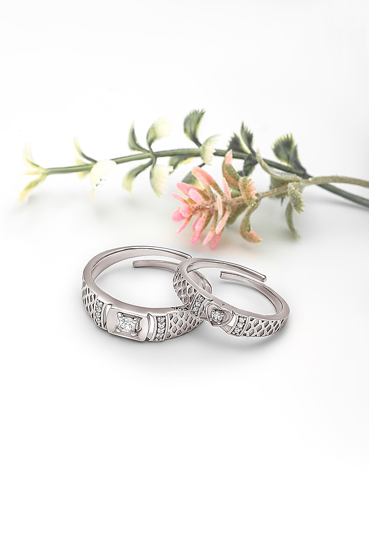 White Rhodium Finish Cubic Zirconia Adjustable Couple Rings (Set of 2) In Sterling Silver by Silberry at Pernia's Pop Up Shop