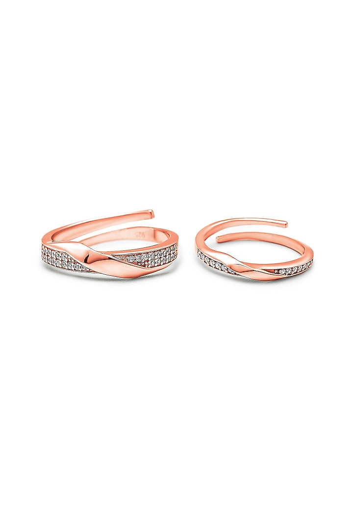 Rose Gold Finish Cubic Zirconia Adjustable Couple Rings (Set of 2) In Sterling Silver by Silberry at Pernia's Pop Up Shop