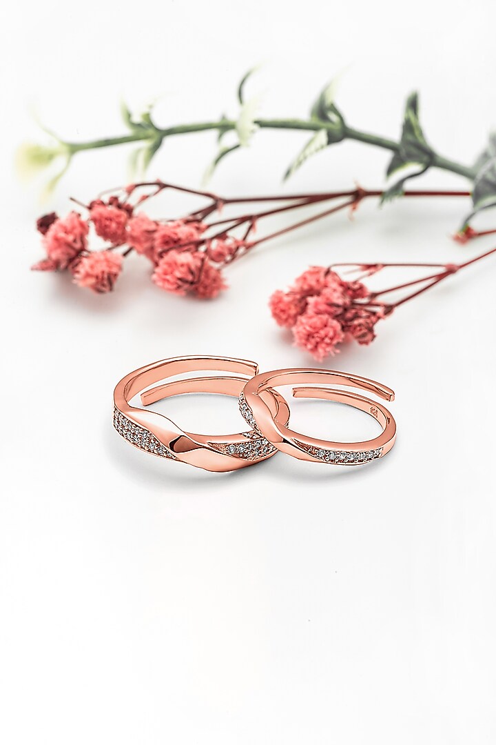 Rose Gold Finish Cubic Zirconia Adjustable Couple Rings (Set of 2) In Sterling Silver by Silberry at Pernia's Pop Up Shop