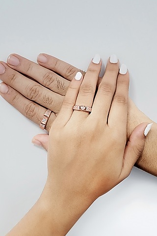 Rose Gold Finish Cubic Zirconia Adjustable Couple Rings (Set of 2) In Sterling Silver by Silberry