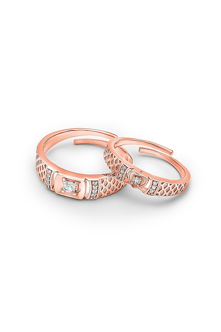 Rose Gold Finish Cubic Zirconia Adjustable Couple Rings (Set of 2) In Sterling Silver by Silberry at Pernia's Pop Up Shop