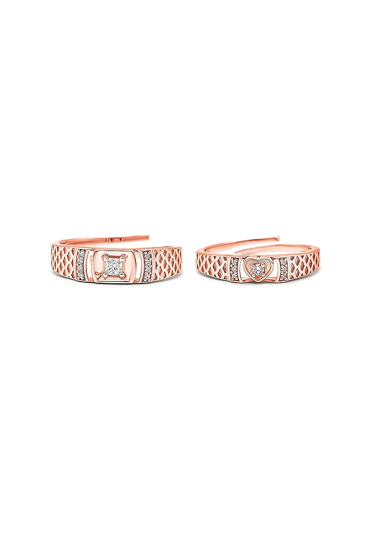 Rose Gold Finish Cubic Zirconia Adjustable Couple Rings (Set of 2) In Sterling Silver by Silberry at Pernia's Pop Up Shop