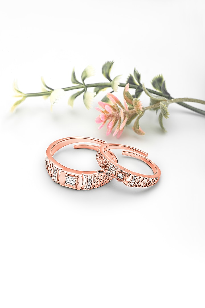 Rose Gold Finish Cubic Zirconia Adjustable Couple Rings (Set of 2) In Sterling Silver by Silberry at Pernia's Pop Up Shop