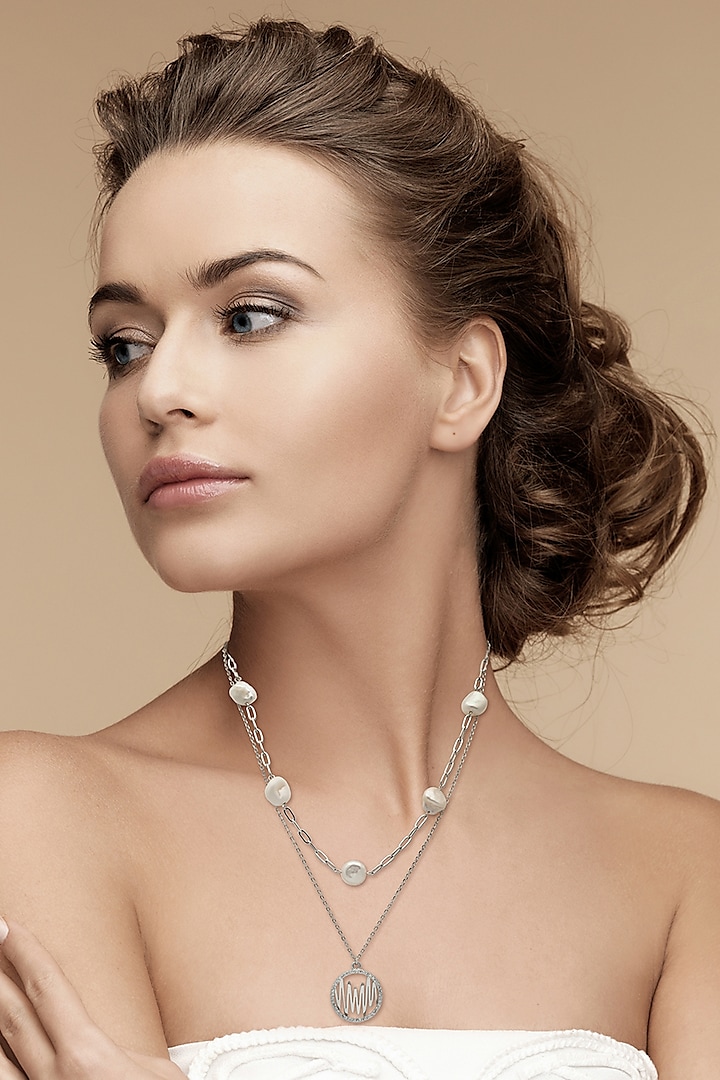 White Rhodium Finish Cubic Zirconia & Pearl Pendant Necklace In Sterling Silver by Silberry