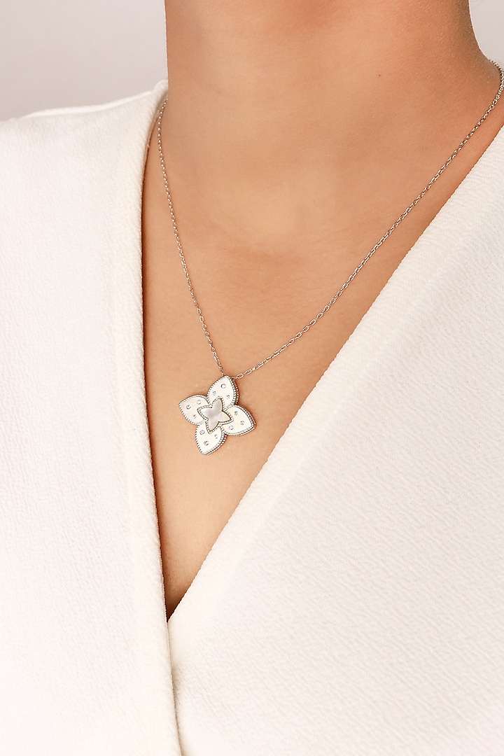 White Rhodium Finish Cubic Zirconia Floral Pendant Necklace In Sterling Silver by Silberry