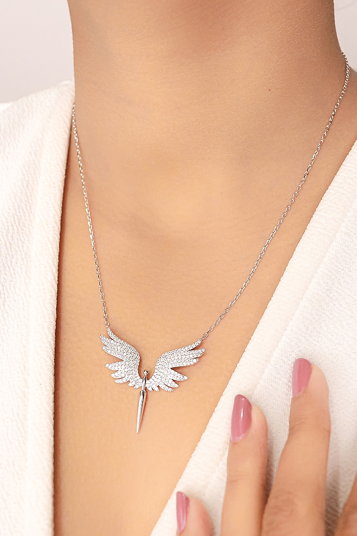 White Rhodium Finish Cubic Zirconia Angel Pendant Necklace In Sterling Silver by Silberry