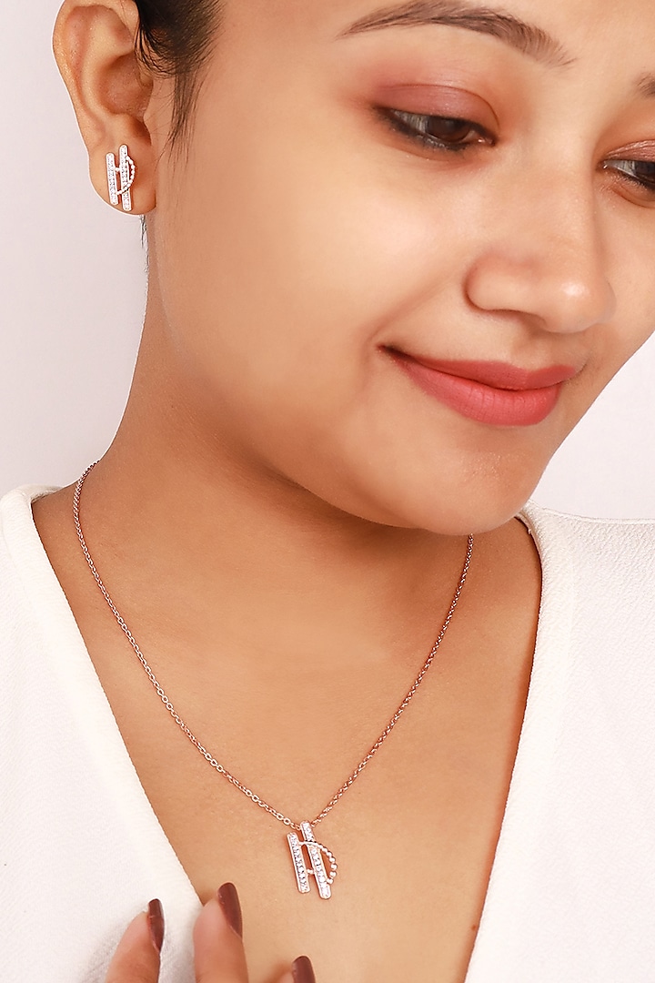 Rose Gold Finish Cubic Zirconia Necklace Set In Sterling Silver by Silberry
