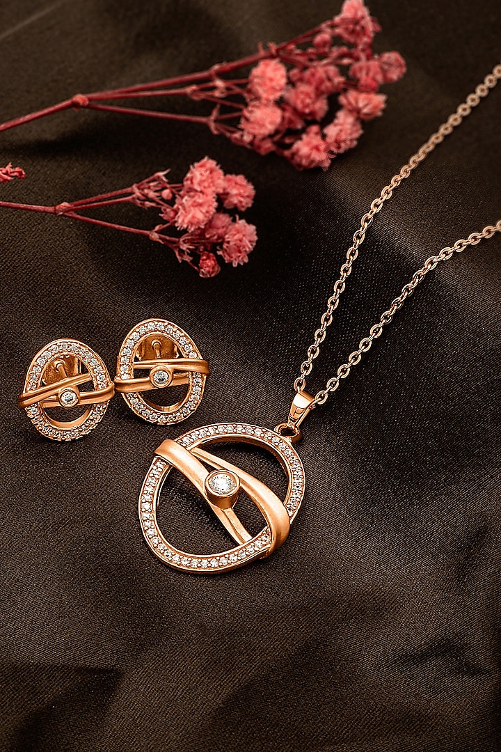 Rose Gold Finish Cubic Zirconia Boho Pendant Necklace Set In Sterling Silver by Silberry