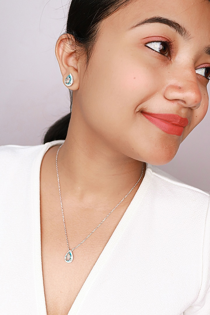 White Finish Aqua Blue Drop Crystal Pendant Necklace Set In Sterling Silver by Silberry at Pernia's Pop Up Shop