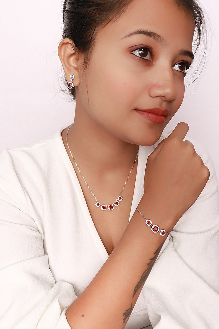 White Finish Red Crystal & Cubic Zirconia Choker Necklace Set In Sterling Silver by Silberry