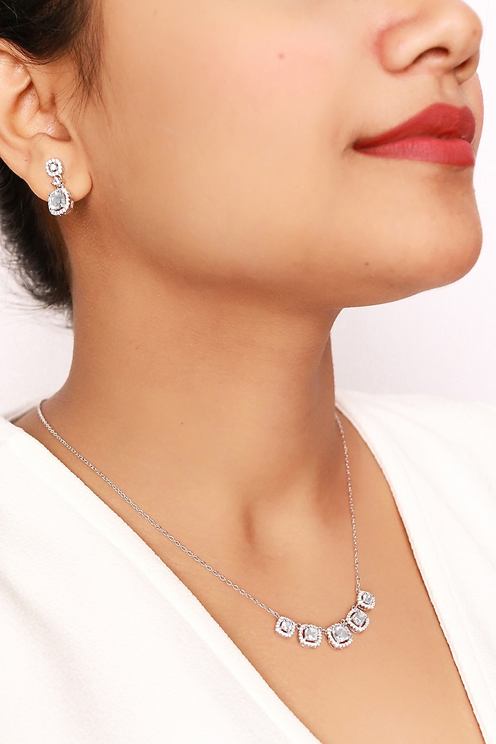 White Finish Crystal & Cubic Zirconia Choker Necklace Set In Sterling Silver by Silberry