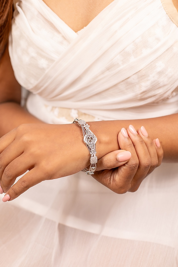 White Rhodium Finish Laser Cut Cubic Zirconia Retro Bracelet In Sterling Silver by Silberry at Pernia's Pop Up Shop