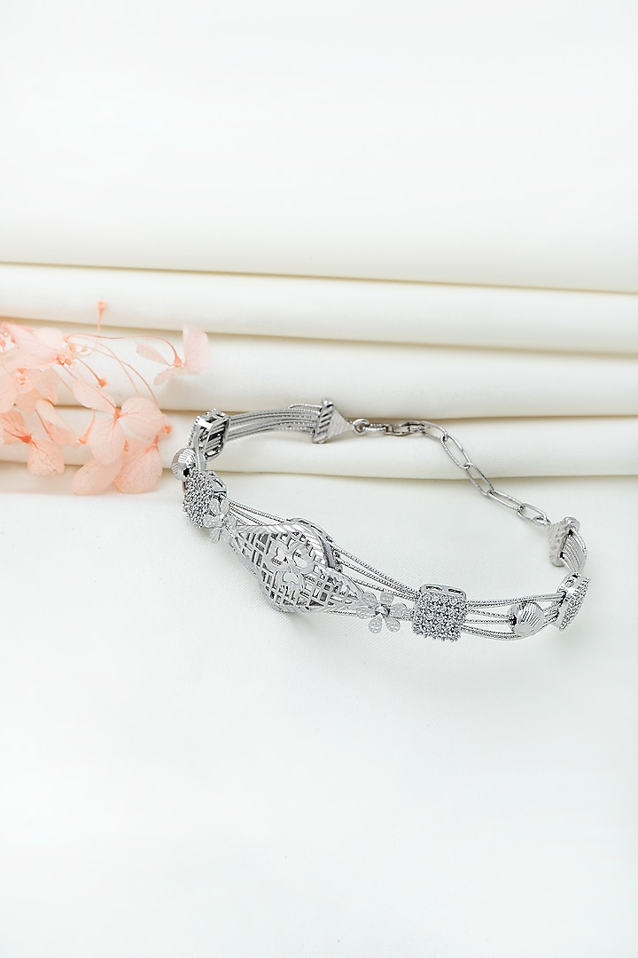 White Rhodium Finish Laser Cut Cubic Zirconia Retro Bracelet In Sterling Silver by Silberry at Pernia's Pop Up Shop