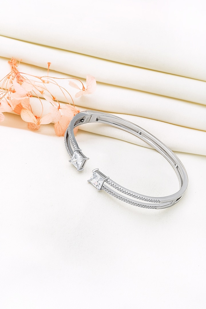 White Rhodium Finish Laser Cut Cubic Zirconia Kada In Sterling Silver by Silberry at Pernia's Pop Up Shop
