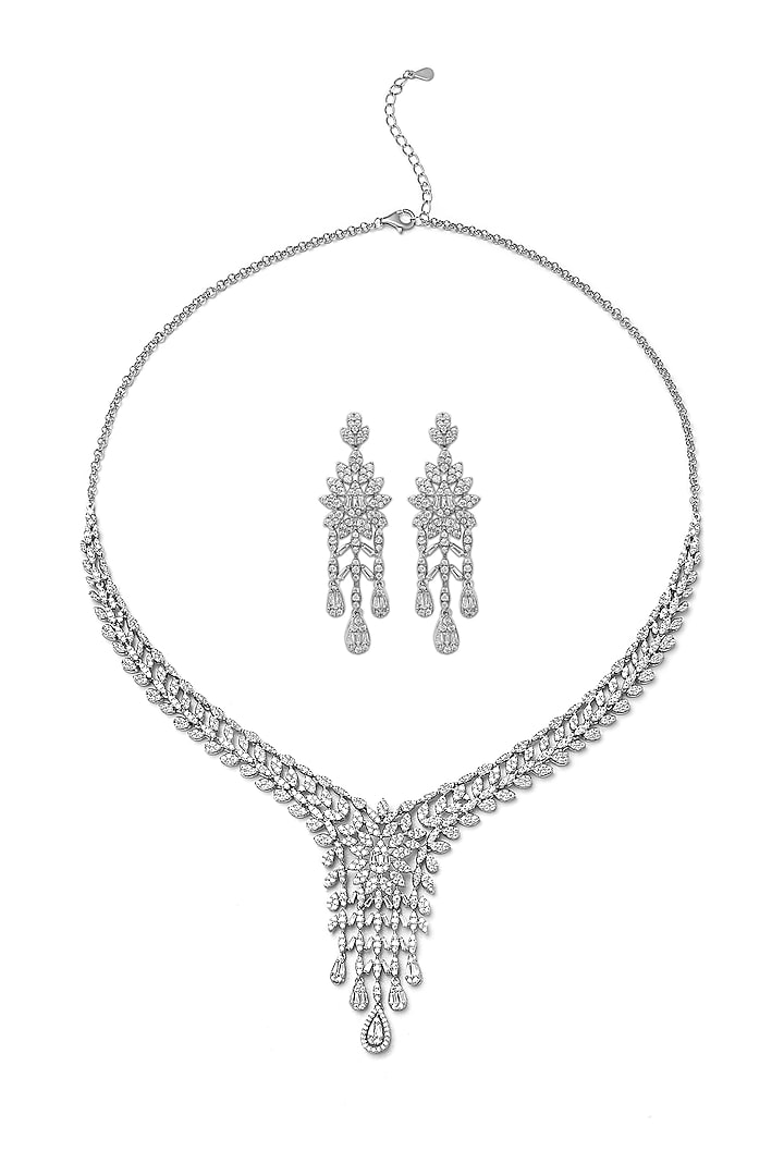 White Rhodium Finish Laser Cut Cubic Zirconia Scarlett Necklace Set In Sterling Silver by Silberry at Pernia's Pop Up Shop